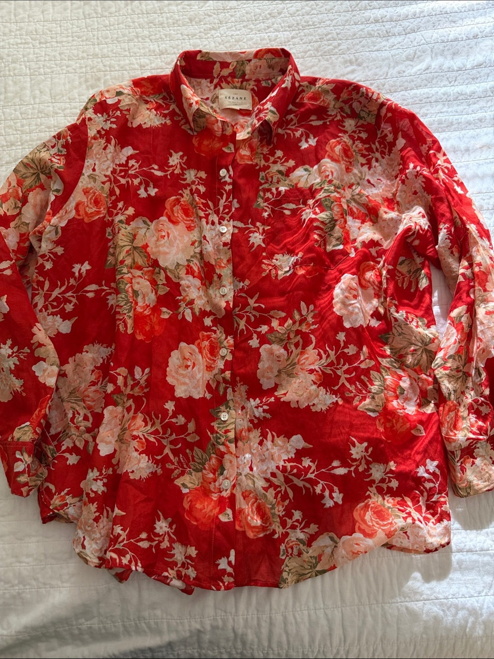 Sezane Red Floral Button-Down Shirt